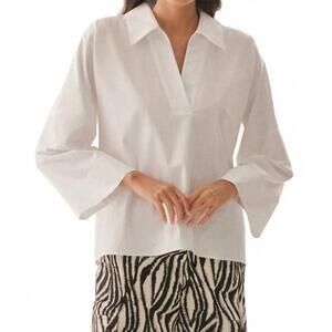 NEW EXQUISE lucia collared poplin v-neck blouse in white